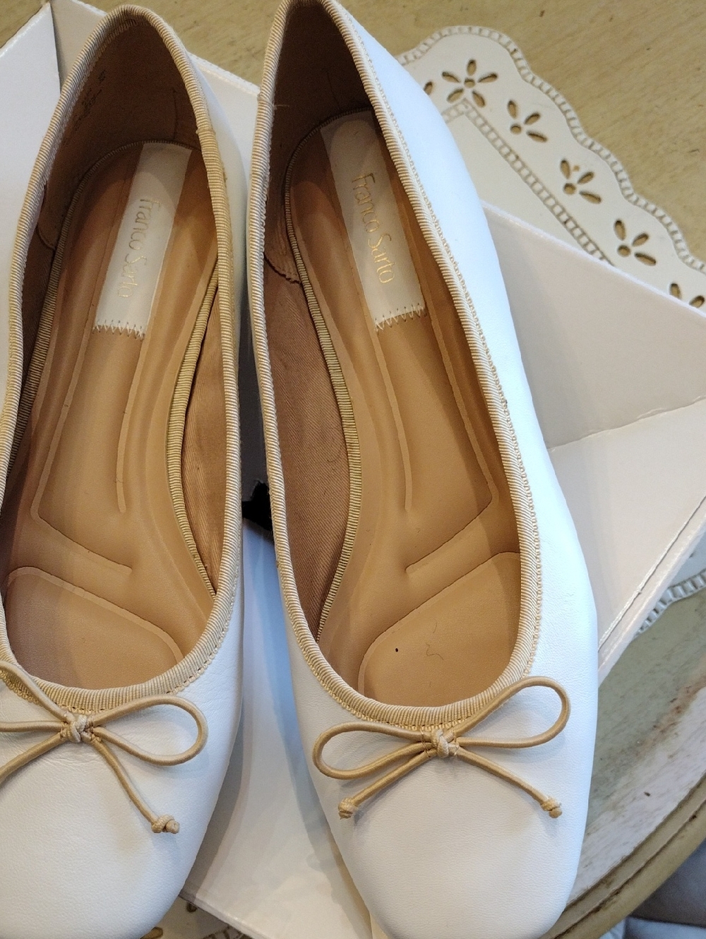 Franco Sarto White Ballet Flats with Tan Trim